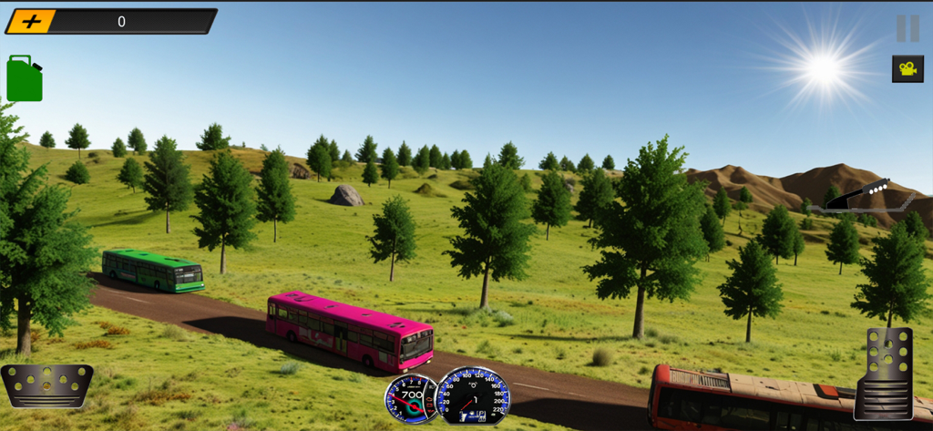 Gameplay screen of Offroad Bus Drive showing two buses on a mountain road under a bright sun.