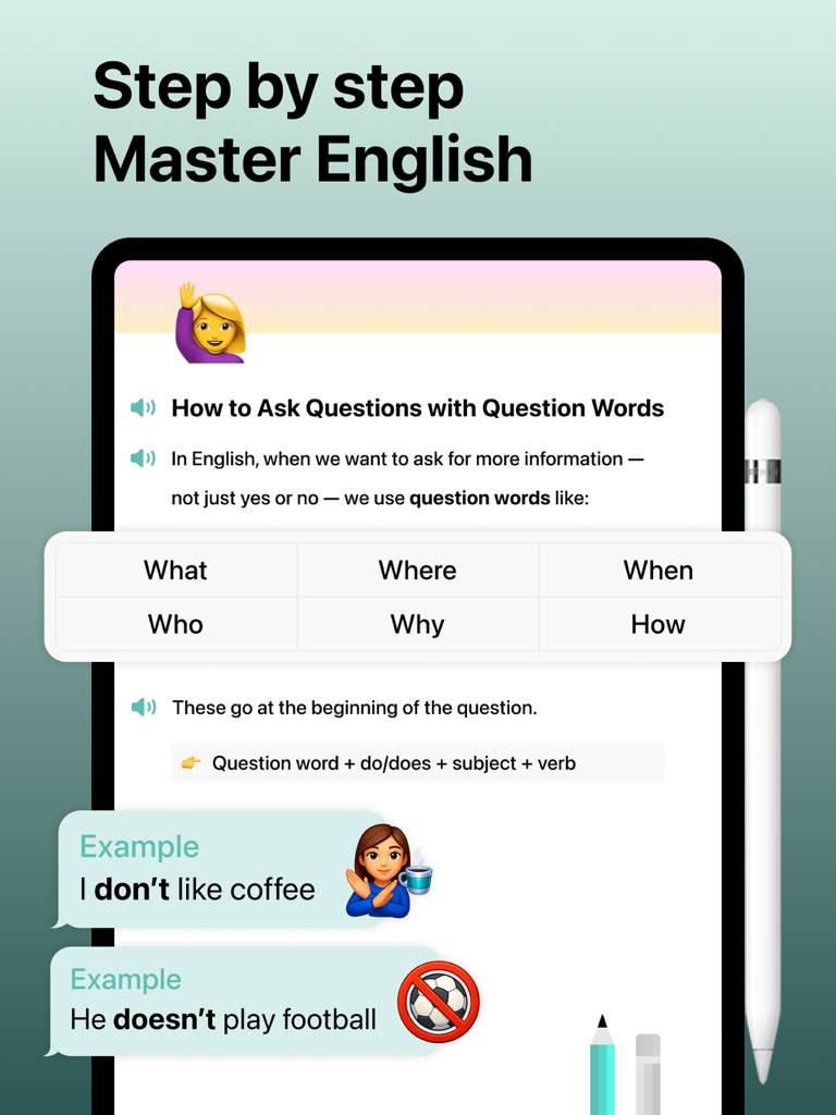 Inkly – Learn English Grammar - iPad screen displaying an Inkly English grammar lesson on how to ask questions with question words next to an Apple Pencil
