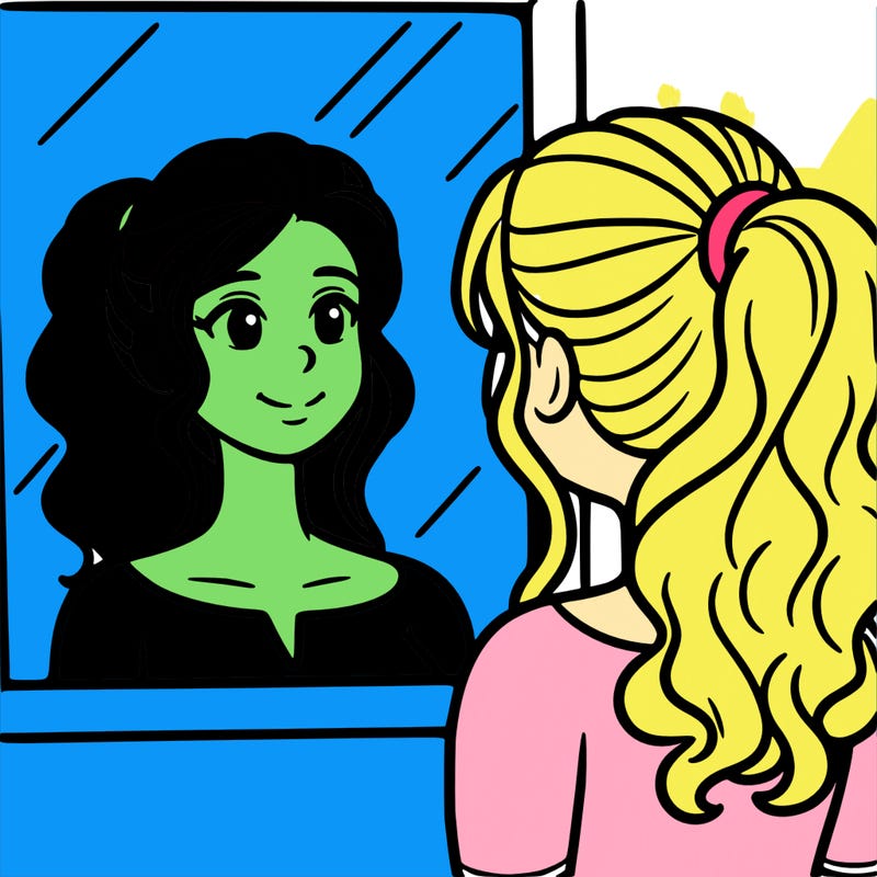 a woman looks at her reflection in the mirror