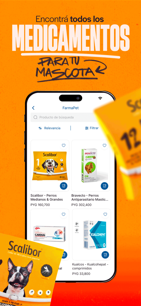 Interfaz móvil de la aplicación 4Pets que muestra varios medicamentos y productos para la salud de mascotas como Scalibor y Bravecto.