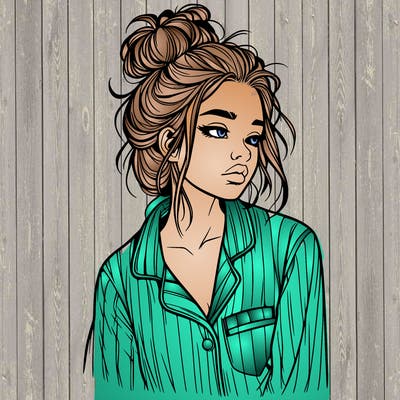 realistic woman with pajamas on and a messy bun