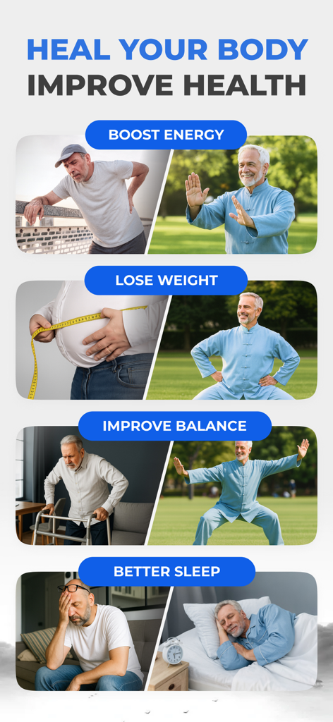 A comparison showing the benefits of Tai Chi for seniors including improved energy weight loss better balance and restful sleep