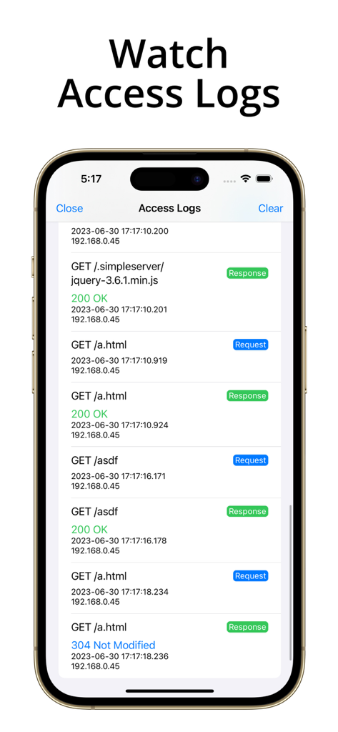 Simple Server: HTTP Server - Interface de l'application mobile montrant les journaux d'accès HTTP en temps réel, y compris les adresses IP et les codes d'état des requêtes