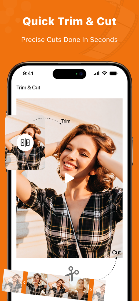 4K Video Saver - Mobile app interface of 4K Video Saver showing the Quick Trim and Cut feature for precise video editing.