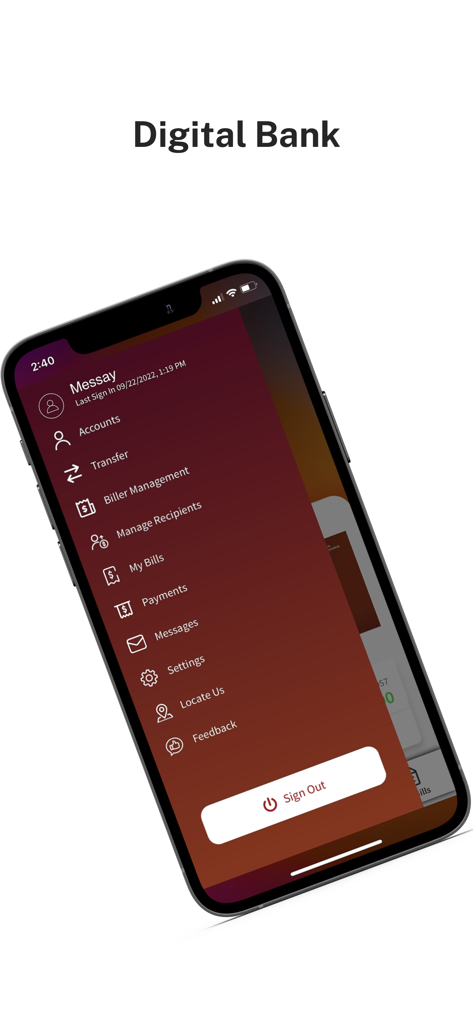Navigation menu of the Apollo Digital mobile app showing transfer, bill payment, and account settings options.