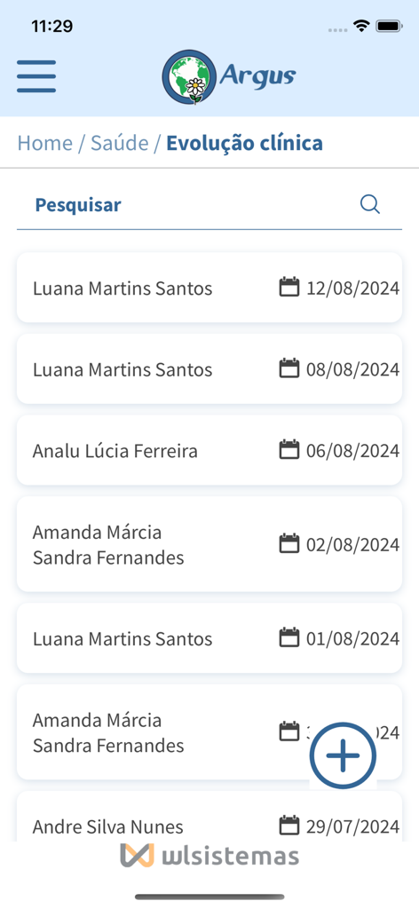 Argus - The Argus app displaying a clinical evolution list with patient names and record dates