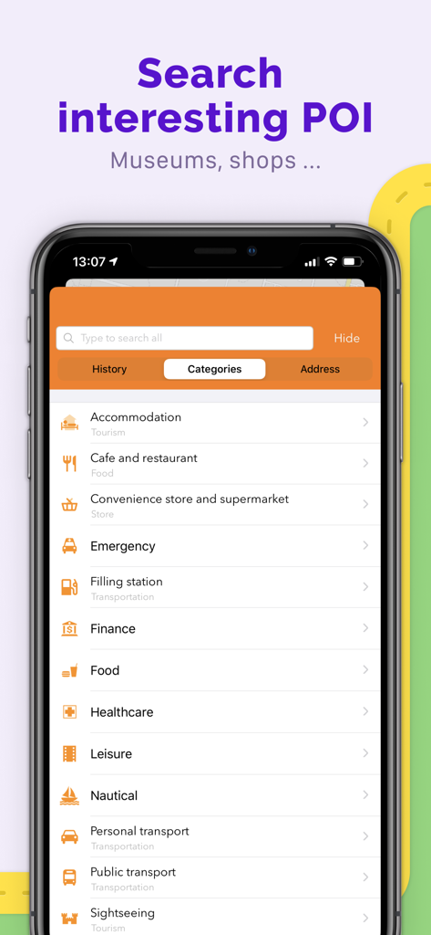 Interfaccia dell'app OsmAnd che mostra un menu di categorie di punti di interesse per la ricerca di navigazione offline