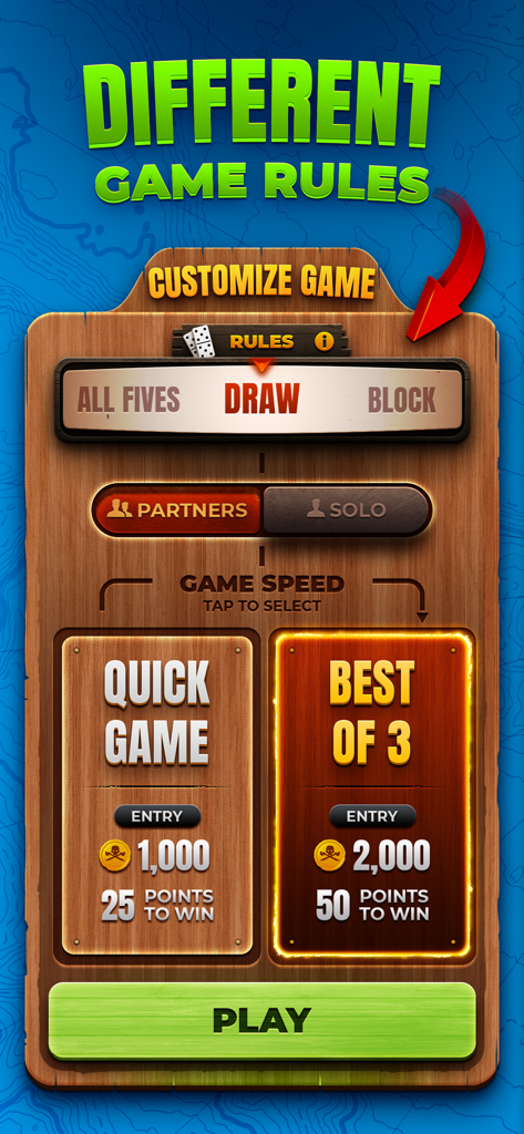Domino Duel - Online Dominoes - Écran de personnalisation du jeu Domino Duel avec des options pour les règles Draw, Block et All Fives, en mode Partenaires ou Solo