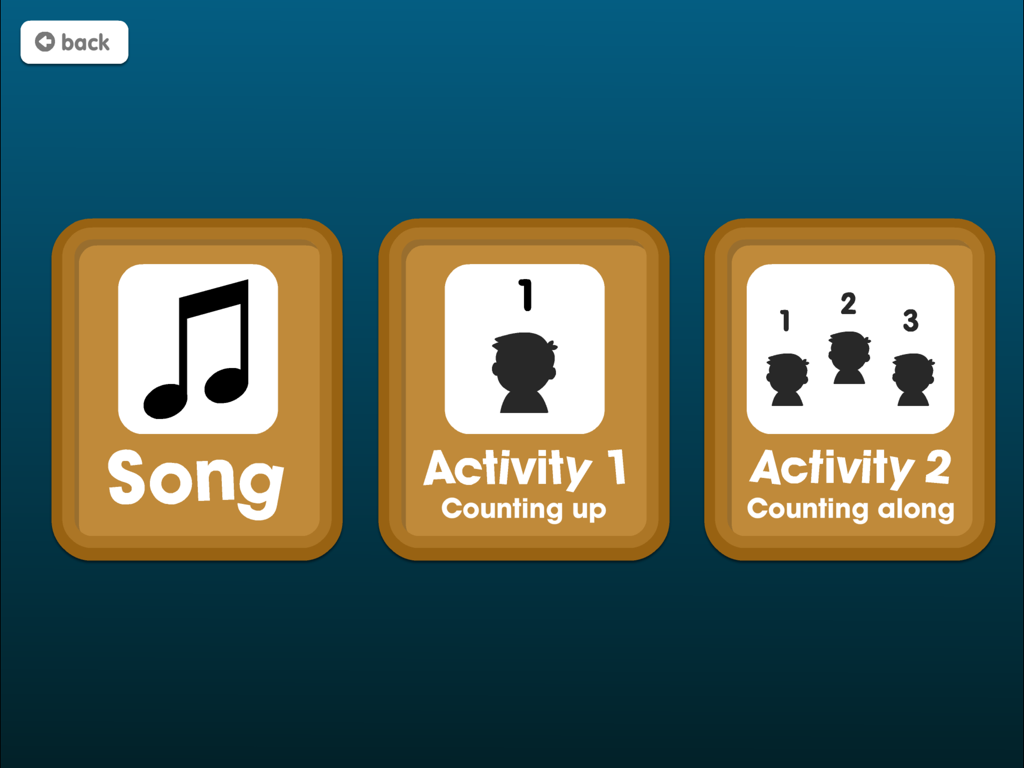 Hauptmenü der App „Fünf im Bett“ mit Tasten für das Lied und zwei Zählaktivitäten mit klaren, kontrastreichen Grafiken