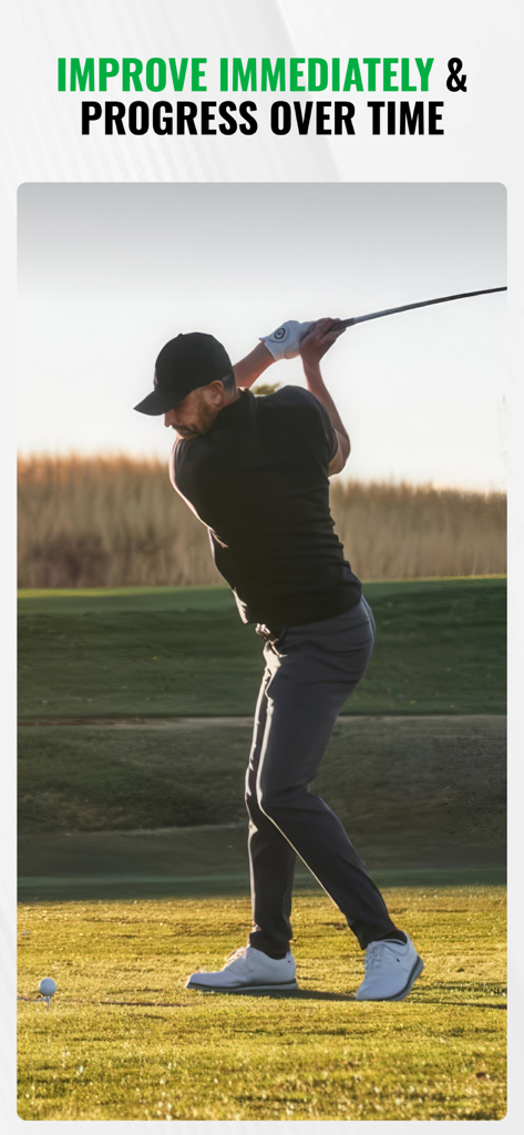 Male golfer performing a swing on a sunny course with text about immediate improvement