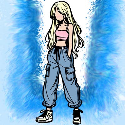 girl in baggy pants crop top and long hair