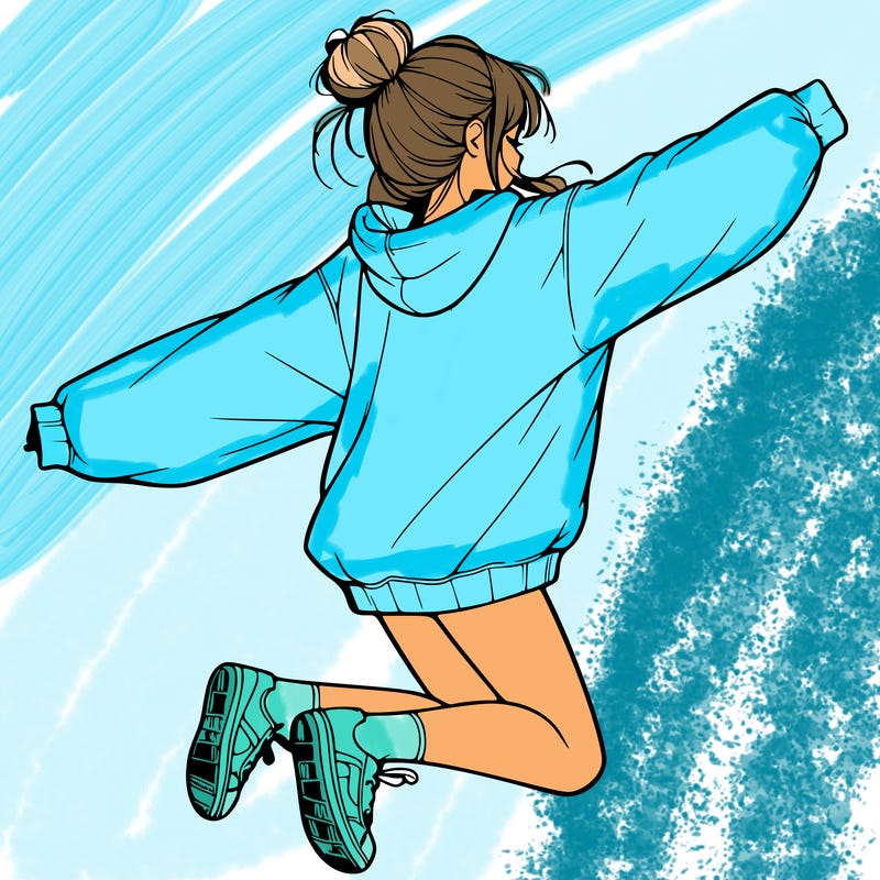 realistic girl jumping with a bun and oversized sweatshirt
