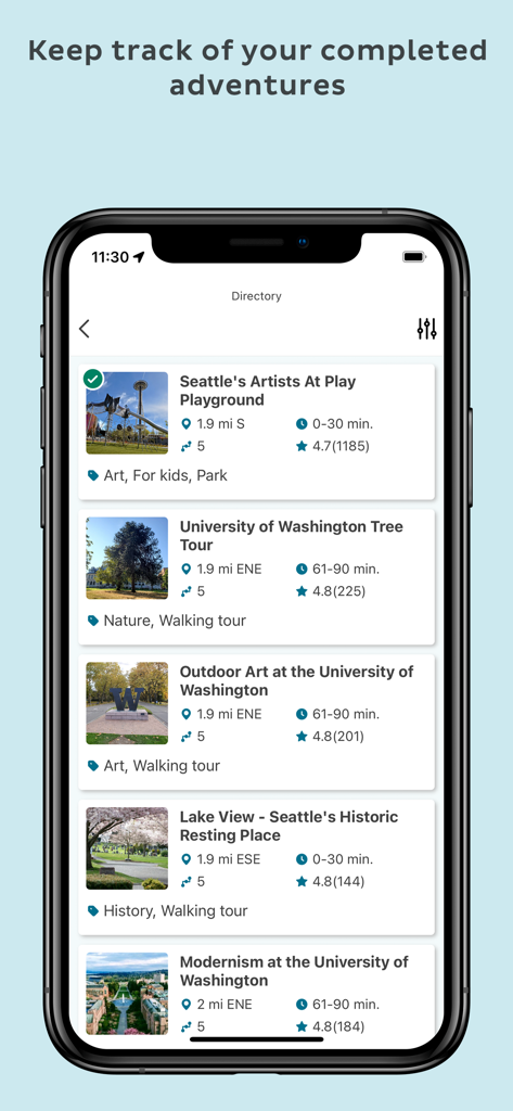 Adventure Lab® - Exibição de smartphone do diretório de aplicativos Adventure Lab apresentando várias caças ao tesouro ao ar livre em Seattle