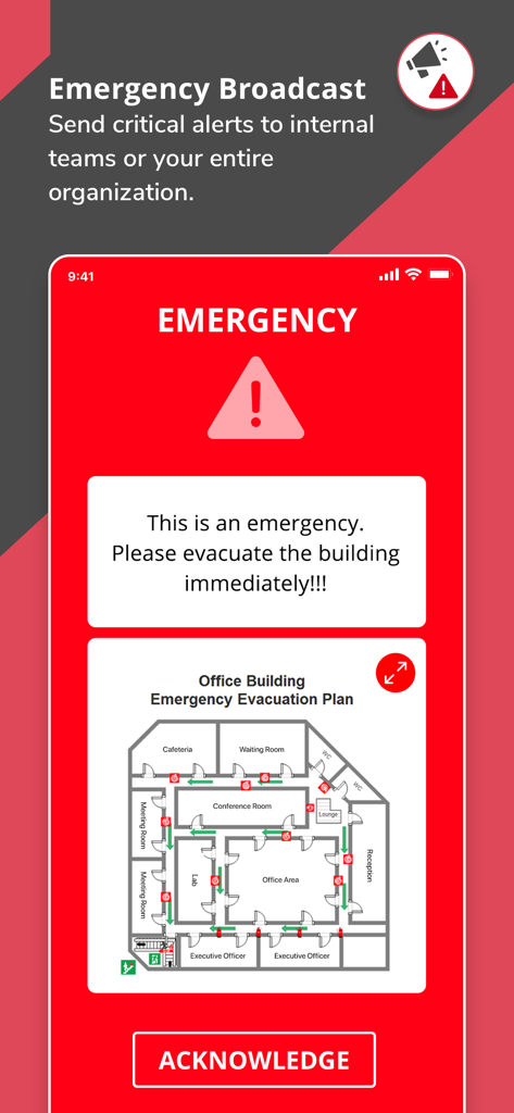 NetSfere Secure Messaging - NetSfere mobile app displaying an emergency evacuation alert with an office floor plan