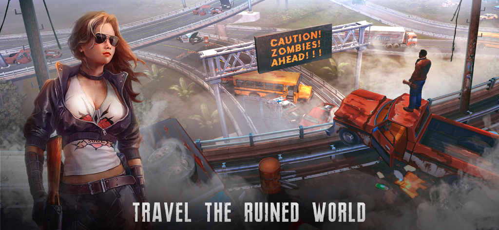 Live or Die: Zombie Survival - Female survivor standing on a highway in a post-apocalyptic ruined world with a zombie warning sign