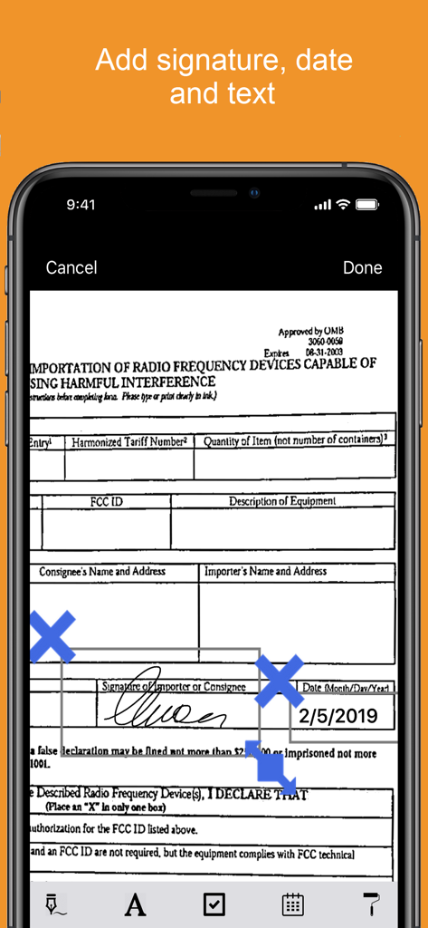 Snapfax:  Pay-as-you-go Fax - Interface of Snapfax app showing a digital signature and date being added to a scanned government form on an iPhone.