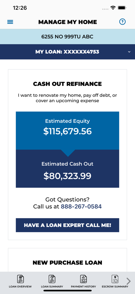Carrington Mobile app screen showing estimated home equity and cash out refinance options.