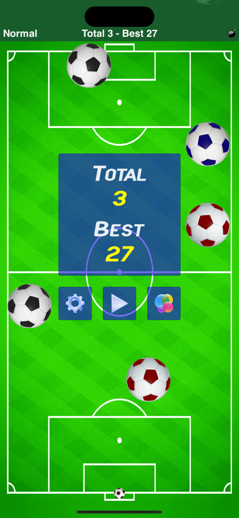 Menu principale di Calcio Portiere che mostra il punteggio attuale e il miglior punteggio su uno sfondo di campo da calcio