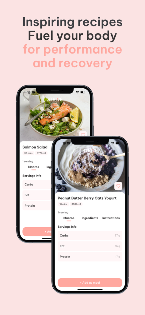 Strive by KKFIT - Strive by KKFITアプリのスクリーンショット、カロリーとマクロ追跡情報を含むヘルシーなレシピを表示
