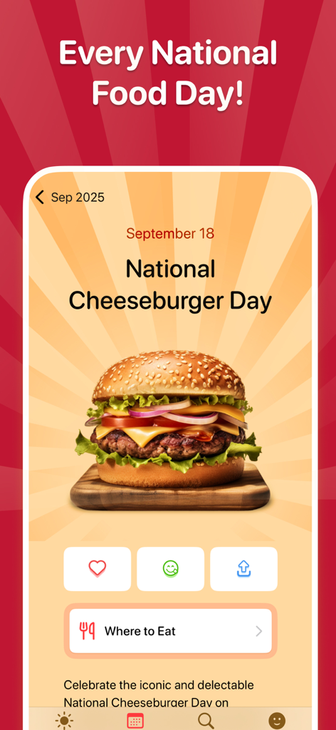 Food Holidays Calendar - Interface do aplicativo mostrando o Dia Nacional do Cheeseburger com uma imagem de alta qualidade de um hambúrguer