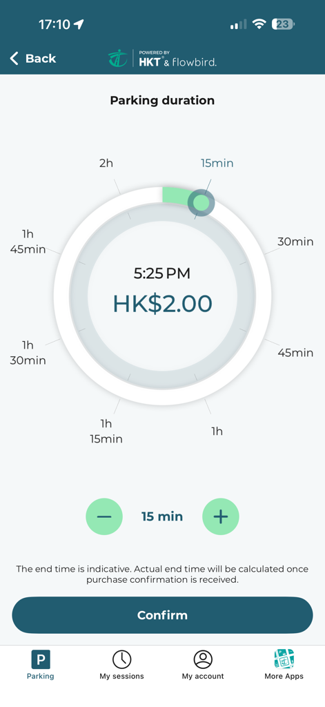 HKeMeter - Selection of parking duration and cost in HKeMeter mobile app