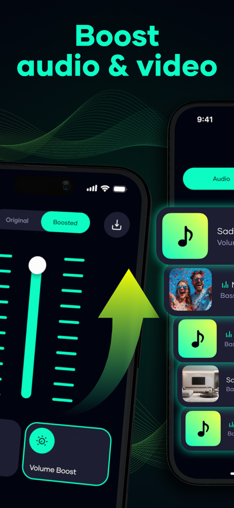 EQ and Volume Boost for Music - User interface of the EQ and Volume Boost app showing audio and video enhancement features on an iPhone.