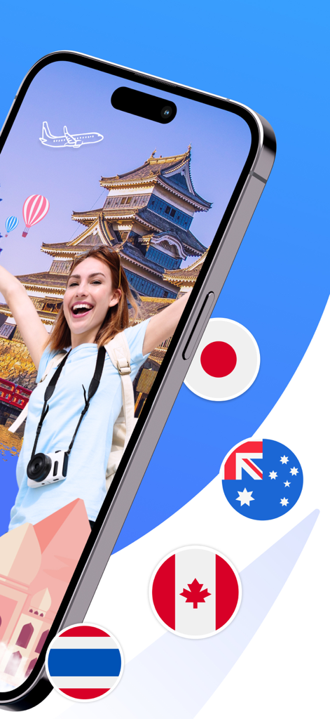 RedteaGO: eSIM Travel Internet - iPhone displaying a happy traveler in Japan with country flags for global eSIM coverage