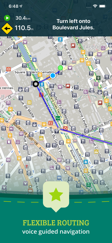 Pocket Earth Maps interface showing a detailed city map with voice guided navigation instructions
