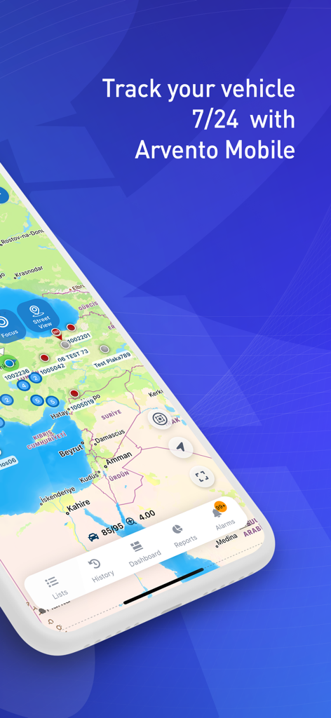 Arvento mobile app interface for 24/7 vehicle tracking on a map