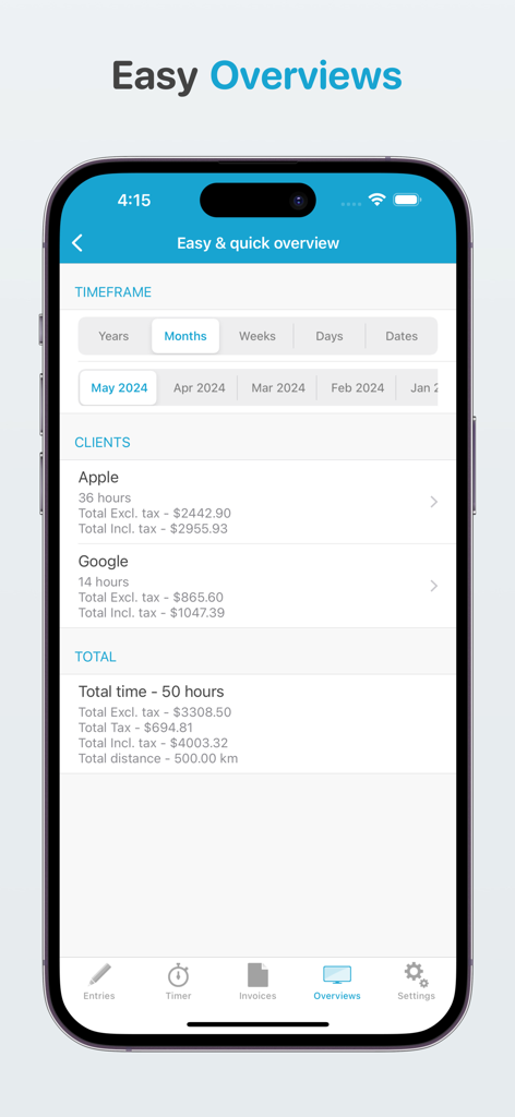 Freelance bookkeeping - Pantalla de la aplicación móvil que muestra un resumen mensual de horas facturables e ingresos totales para clientes específicos, incluidos Apple y Google.