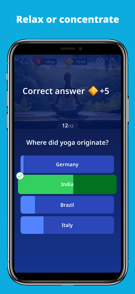 A screenshot of the Zen Quiz app showing a trivia question about the origin of yoga with a calming meditation background