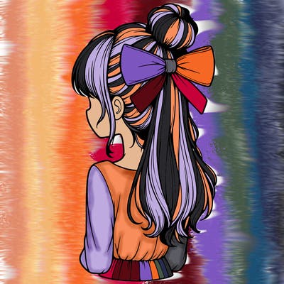 realistic girl  with hip length hair a bun and a big bow on the back of head