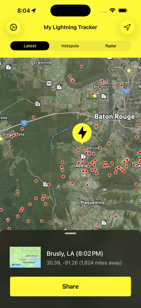 Mapa de descargas elétricas em tempo real na aplicação My Lightning Tracker a mostrar atividade perto de Baton Rouge.