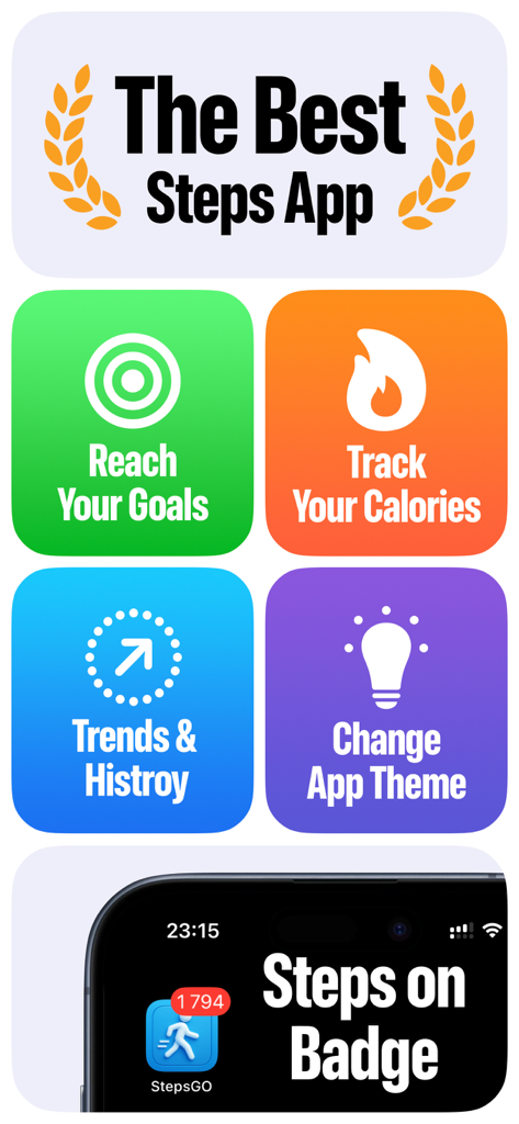 Key features of the StepGo app including calorie tracking goal setting and live step count displayed on the app icon badge.