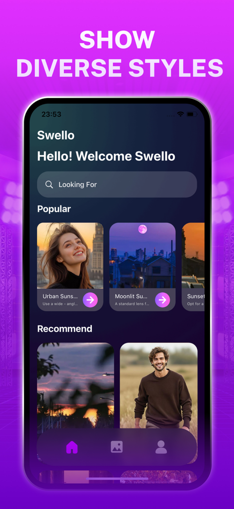 Swello - Swello mobile app interface showing a gallery of popular and recommended photography styles including urban sunset and moonlit scenes