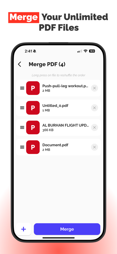 PDF to Document Convert - Interface of a mobile app showing the process of merging multiple PDF documents into one