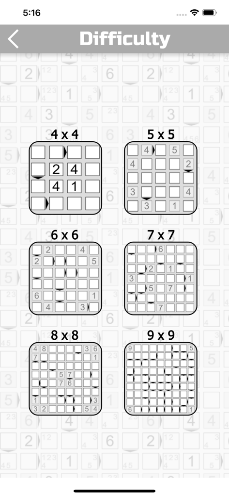 The Futoshiki - Schermata di selezione del livello di difficoltà per il gioco di puzzle The Futoshiki che mostra varie dimensioni di griglia da 4x4 a 9x9.