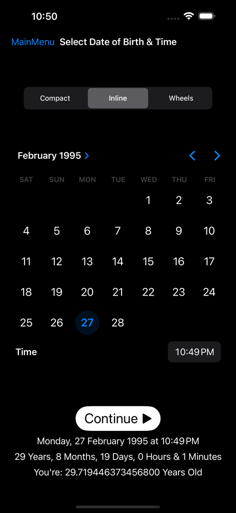 TDEE calculator app screen for selecting date of birth and time to calculate precise age