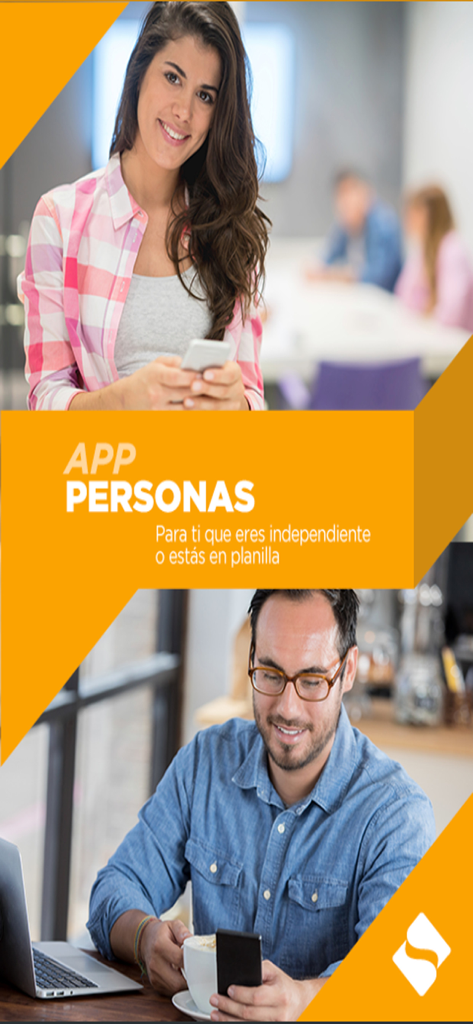 APP Personas - A man and woman using their smartphones to access the APP Personas mobile application for Peruvian tax management.