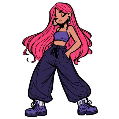girl in baggy pants crop top and long hair