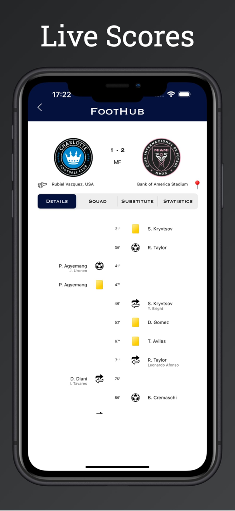 FootHub・Football Live Score - 풋볼허브 앱 화면이 샬럿 FC 대 인터 마이애미 CF의 라이브 점수 및 경기 타임라인을 표시합니다.