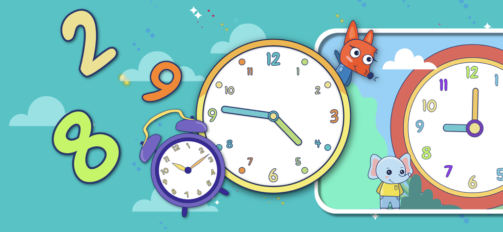Educational app screen with colorful analog clocks and cartoon characters for teaching kids how to tell time