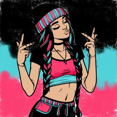 realistic teenage girl with braids and a beanie and crop top doing 🫶🏼