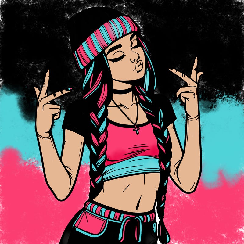 realistic teenage girl with braids and a beanie and crop top doing 🫶🏼