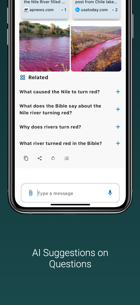 Chat Unlimited & Ask Brutus AI - Brutus AI mobile app showing automated follow up questions and internet search results for a user query
