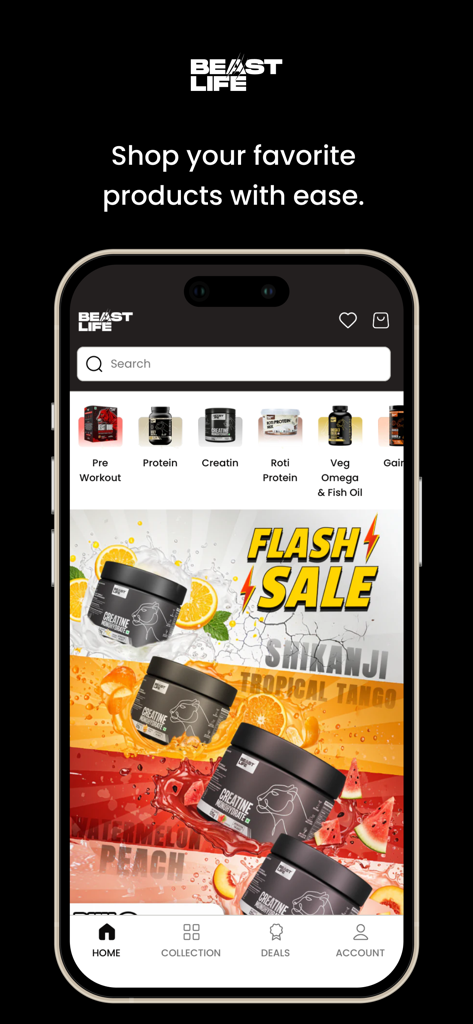 Beastlife - Beastlife app home screen showing fitness supplement categories and a flash sale banner for creatine products.
