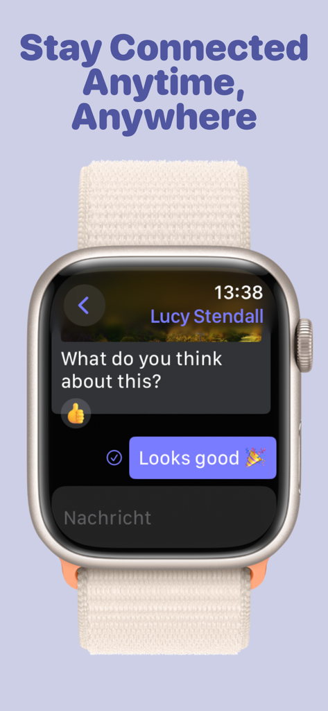 TeamsSync for Microsoft Teams - Interfaz de la aplicación TeamsSync en un Apple Watch mostrando una conversación de chat de Microsoft Teams