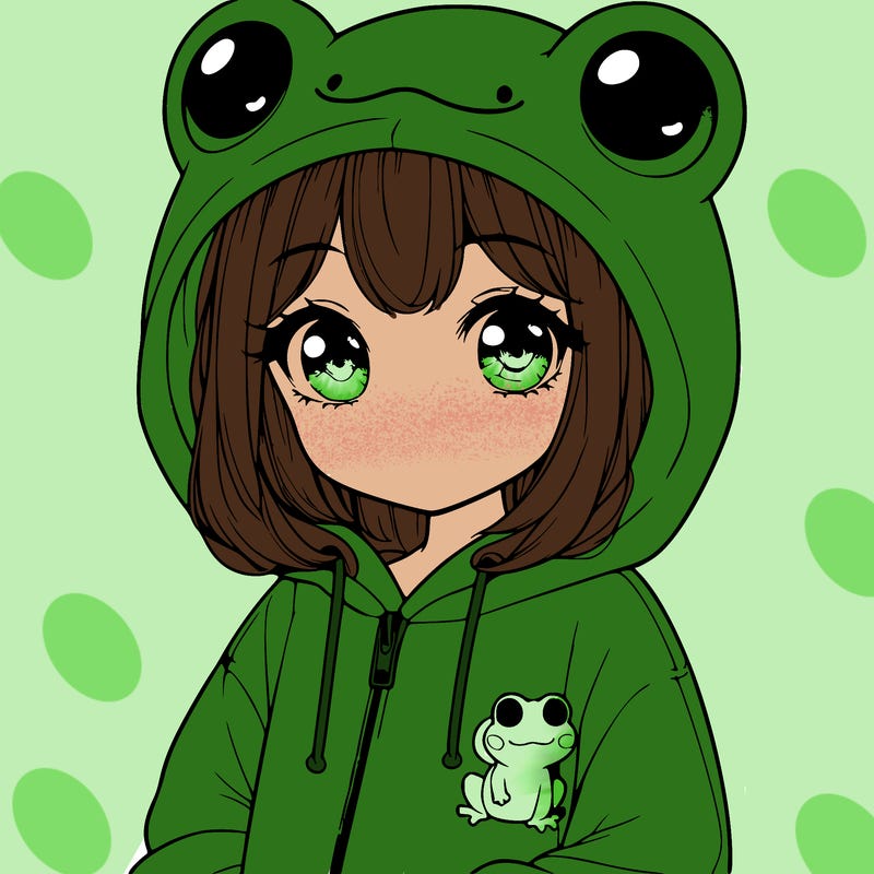 cute realistic girl in a froggy hoodie