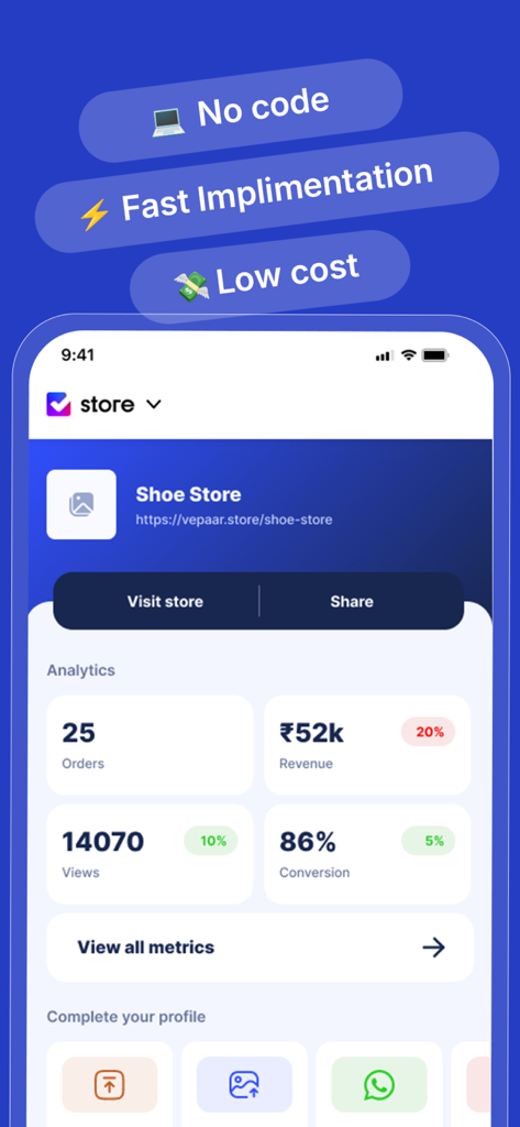 Interface de l'application Vepaar Store montrant les analyses de ventes telles que les vues de revenus des commandes et le taux de conversion