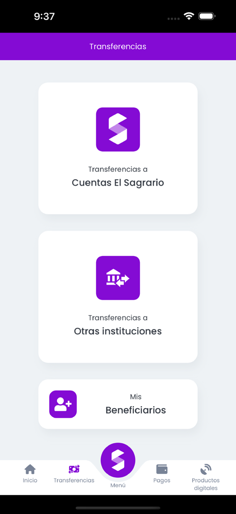 El Sagrario - Interfaz de usuario de la aplicación de banca móvil El Sagrario que muestra opciones de transferencia de dinero a cuentas internas y externas.
